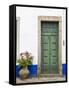 Portugal, Obidos. Pink hydrangea in terracotta pot next to a green door.-Julie Eggers-Framed Stretched Canvas