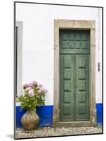 Portugal, Obidos. Pink hydrangea in terracotta pot next to a green door.-Julie Eggers-Mounted Photographic Print