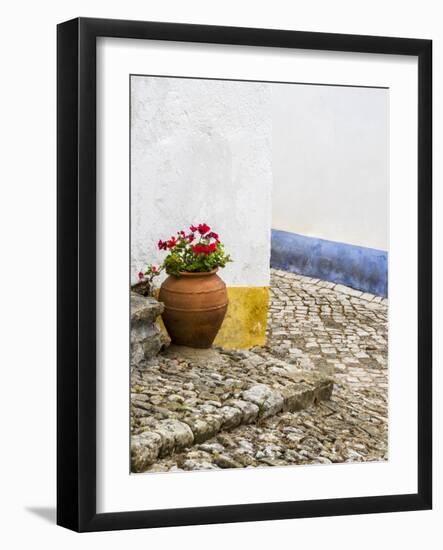 Portugal, Obidos. Red geranium growing in a terra cotta pot next to the entrance of a home-Julie Eggers-Framed Photographic Print