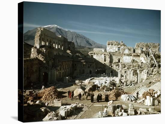 Post War Reconstruction of Benedictine Abbey of Montecassino and Statue of St. Benedict Standing-Jack Birns-Stretched Canvas