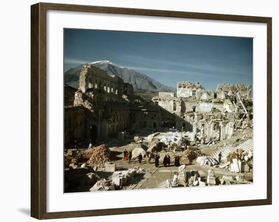 Post War Reconstruction of Benedictine Abbey of Montecassino and Statue of St. Benedict Standing-Jack Birns-Framed Photographic Print