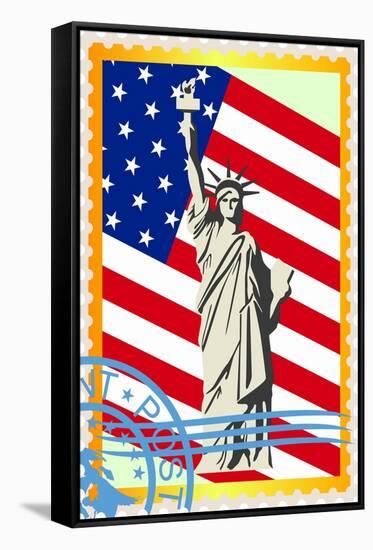 Postage Stamps With The Flag And The Statue Of Liberty-GUARDING-OWO-Framed Stretched Canvas