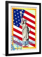 Postage Stamps With The Flag And The Statue Of Liberty-GUARDING-OWO-Framed Art Print