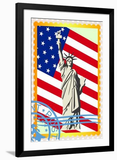 Postage Stamps With The Flag And The Statue Of Liberty-GUARDING-OWO-Framed Art Print