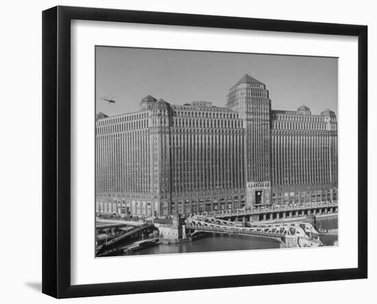 Postal Service Helicopter Nearing Merchandise Mart-null-Framed Photographic Print