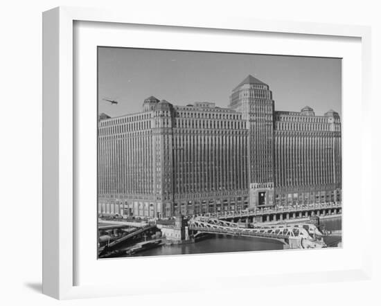 Postal Service Helicopter Nearing Merchandise Mart-null-Framed Photographic Print