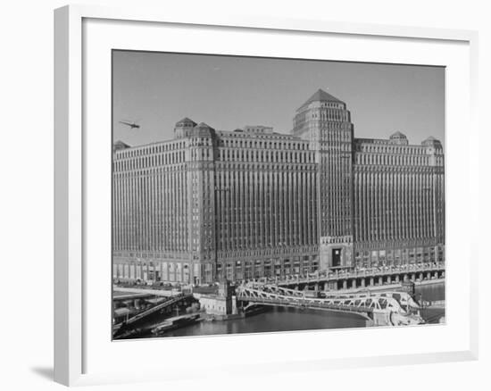 Postal Service Helicopter Nearing Merchandise Mart-null-Framed Photographic Print