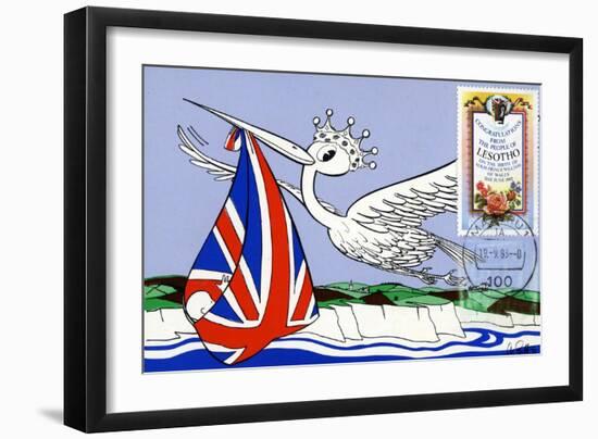 Postcard and Stamp from Lesotho Celebrating the Arrival of Prince William of Wales in 1982-null-Framed Giclee Print