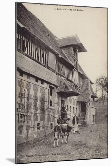 Postcard Depicting a Group of People Standing Outside a Farm Building with a Bull-null-Mounted Photographic Print