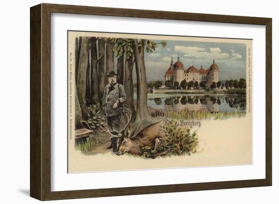 Postcard Depicting a Man with a Shot Stag with Moritzburg Castle in the Background-German School-Framed Giclee Print