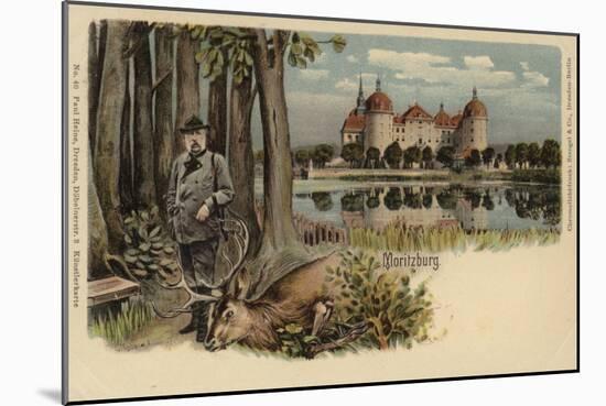 Postcard Depicting a Man with a Shot Stag with Moritzburg Castle in the Background-German School-Mounted Giclee Print