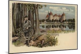 Postcard Depicting a Man with a Shot Stag with Moritzburg Castle in the Background-German School-Mounted Giclee Print
