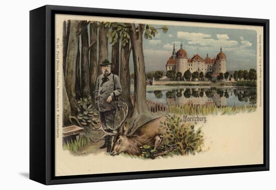 Postcard Depicting a Man with a Shot Stag with Moritzburg Castle in the Background-German School-Framed Stretched Canvas