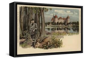 Postcard Depicting a Man with a Shot Stag with Moritzburg Castle in the Background-German School-Framed Stretched Canvas