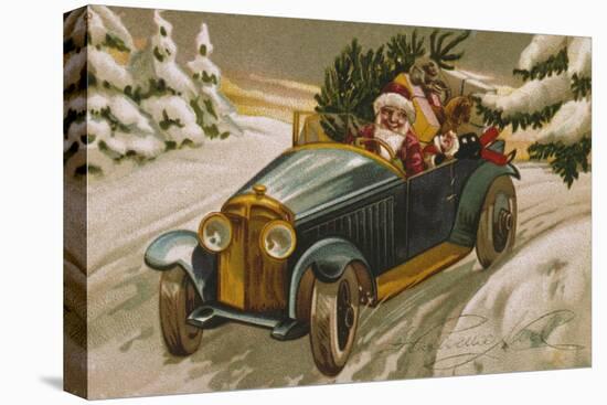 Postcard Depicting Father Christmas Driving, C.1930-40-null-Stretched Canvas