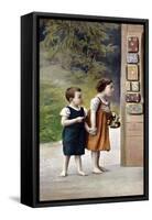 Postcard Depicting Hansel and Gretel in Front of the Gingerbread House-null-Framed Stretched Canvas