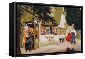 Postcard Depicting the Witch Inviting Hansel and Gretel to Enter the Gingerbread House, c.1910-null-Framed Stretched Canvas