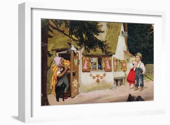 Postcard Depicting the Witch Inviting Hansel and Gretel to Enter the Gingerbread House, c.1910-null-Framed Giclee Print