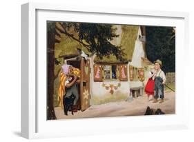 Postcard Depicting the Witch Inviting Hansel and Gretel to Enter the Gingerbread House, c.1910-null-Framed Giclee Print
