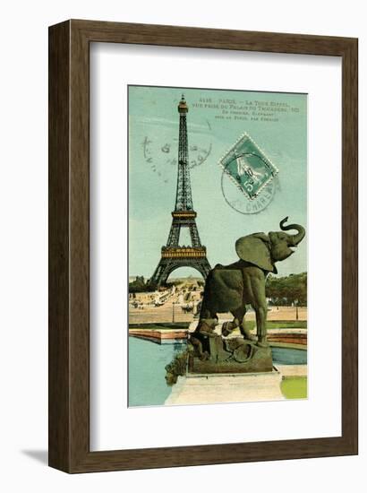 Postcard of Eiffel Tower and Elephant Statue at Palais du Trocadero, 1914-null-Framed Art Print