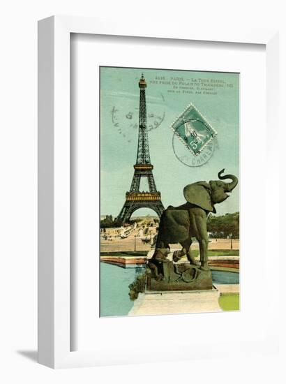 Postcard of Eiffel Tower and Elephant Statue at Palais du Trocadero, 1914-null-Framed Art Print