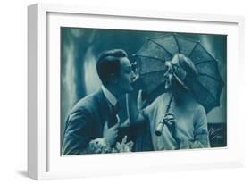 Postcard of Romantic Vintage Couple, in Blue-null-Framed Giclee Print