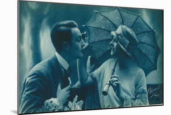 Postcard of Romantic Vintage Couple, in Blue-null-Mounted Giclee Print