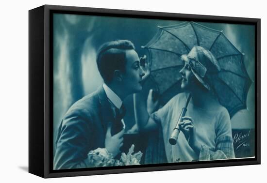 Postcard of Romantic Vintage Couple, in Blue-null-Framed Stretched Canvas