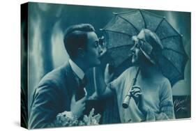 Postcard of Romantic Vintage Couple, in Blue-null-Stretched Canvas