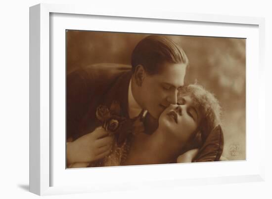 Postcard of Romantic Vintage Couple, in Sepia-null-Framed Giclee Print