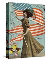 Postcard of Woman Waving American Flag-Rykoff Collection-Stretched Canvas