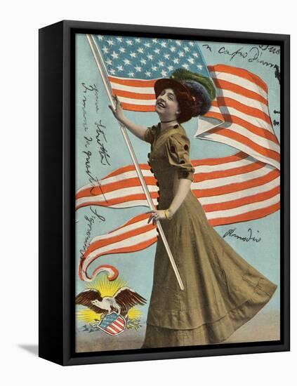 Postcard of Woman Waving American Flag-Rykoff Collection-Framed Stretched Canvas
