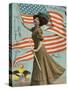 Postcard of Woman Waving American Flag-Rykoff Collection-Stretched Canvas