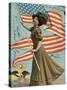 Postcard of Woman Waving American Flag-Rykoff Collection-Stretched Canvas