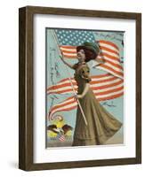 Postcard of Woman Waving American Flag-Rykoff Collection-Framed Photographic Print