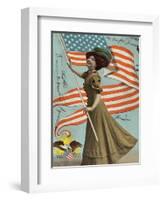 Postcard of Woman Waving American Flag-Rykoff Collection-Framed Photographic Print