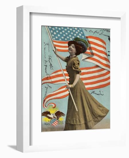 Postcard of Woman Waving American Flag-Rykoff Collection-Framed Photographic Print