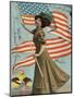 Postcard of Woman Waving American Flag-Rykoff Collection-Mounted Photographic Print