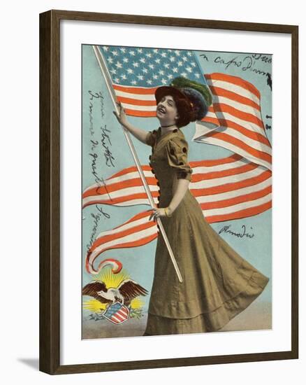 Postcard of Woman Waving American Flag-Rykoff Collection-Framed Photographic Print