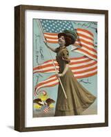 Postcard of Woman Waving American Flag-Rykoff Collection-Framed Photographic Print