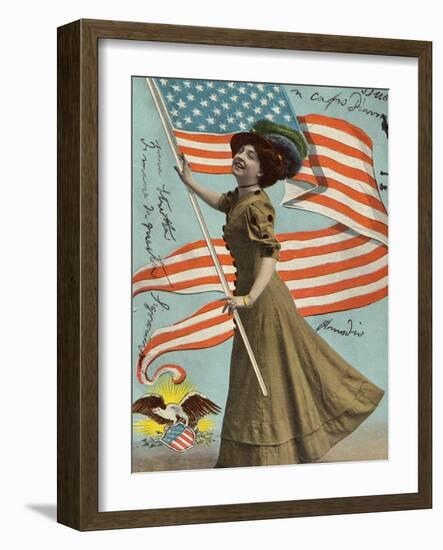 Postcard of Woman Waving American Flag-Rykoff Collection-Framed Photographic Print