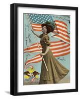 Postcard of Woman Waving American Flag-Rykoff Collection-Framed Photographic Print