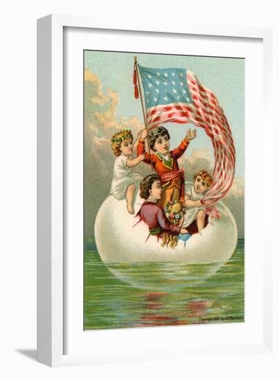 Postcard with Children in Egg Holding American Flag-null-Framed Giclee Print