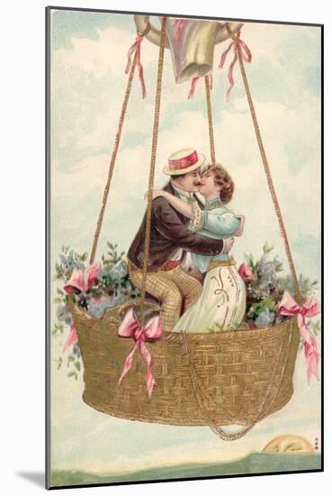 Postcard with Couple Kissing in Hot Air Balloon-null-Mounted Giclee Print