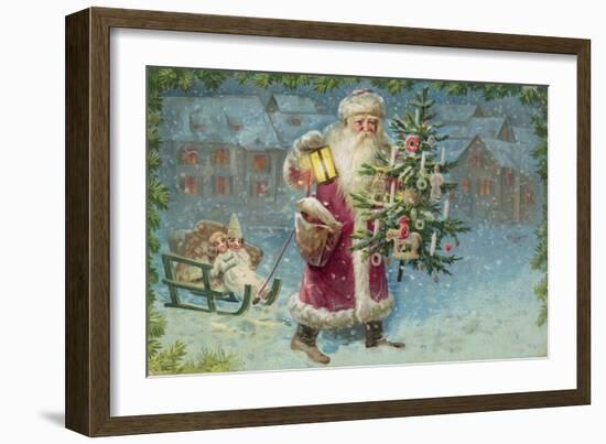 Postcard with Santa Claus Holding a Christmas Tree-null-Framed Giclee Print