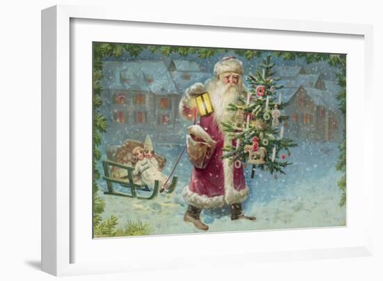 Postcard with Santa Claus Holding a Christmas Tree-null-Framed Giclee Print