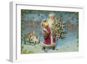 Postcard with Santa Claus Holding a Christmas Tree-null-Framed Giclee Print