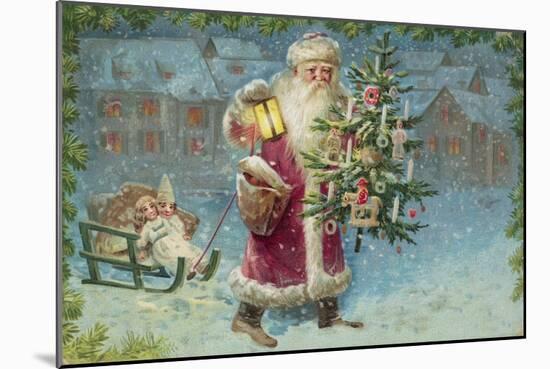 Postcard with Santa Claus Holding a Christmas Tree-null-Mounted Giclee Print