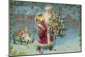 Postcard with Santa Claus Holding a Christmas Tree-null-Mounted Giclee Print