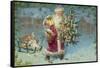 Postcard with Santa Claus Holding a Christmas Tree-null-Framed Stretched Canvas